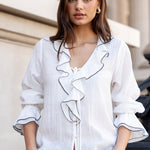 Bohemian Ivory Black Trim Sheer Frill Front Blouse