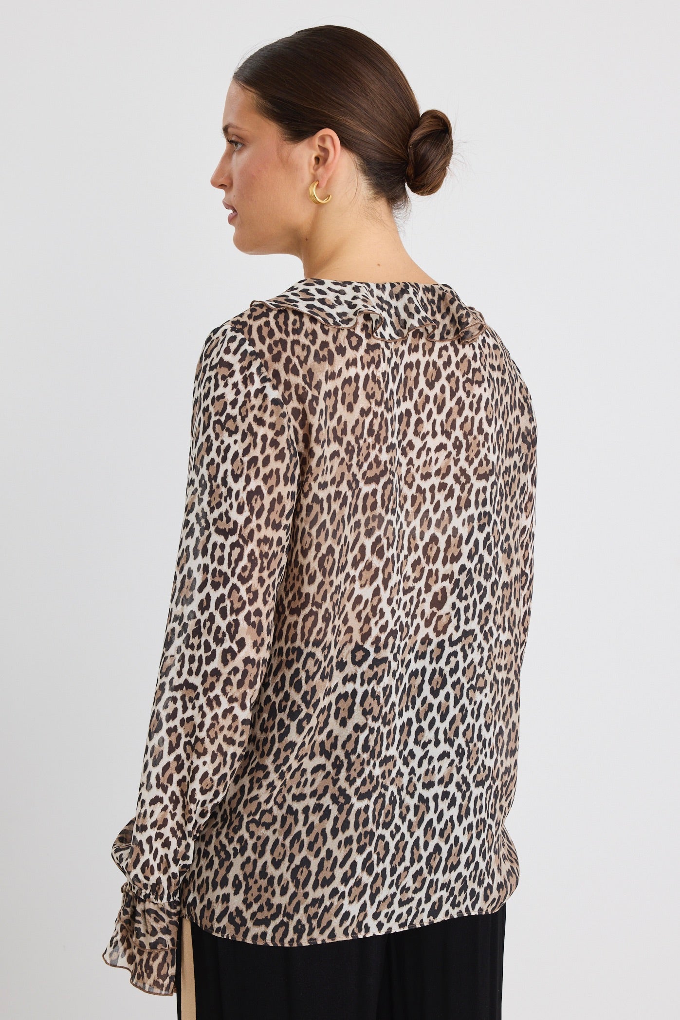 Shop Bohemian Leopard Georgette LS Frill Front Top | Flo & Frankie