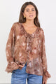 Bohemian Ochre Floral Black Trim Sheer Frill Front Blouse