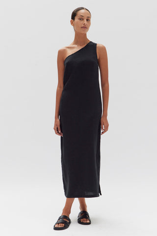 Bonnie Black Linen One Shoulder Maxi Dress WW Dress Assembly Label   