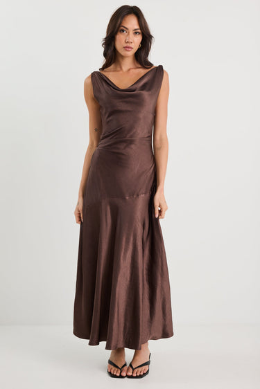 Bountiful Chocolate Satin Tie Back Bias Slip Dress