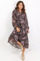 Bounty Chocolate Floral Balloon Sleeve Midi Shirt Dress