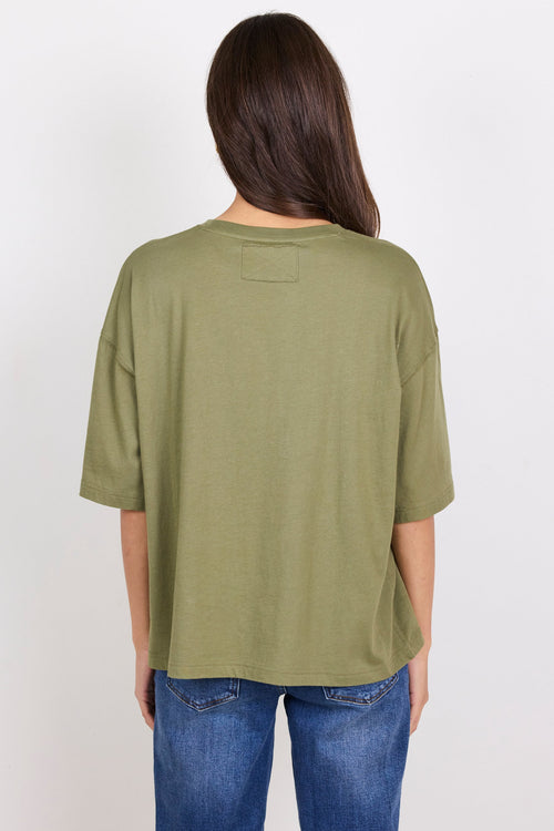 Person wearing an olive green t-shirt and blue jeans on a white background