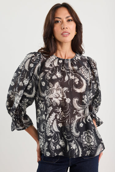 Briefly Black Scrolling Foliage Frill Sleeve Crew Neck Top