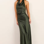 Brio Forest Satin Halter Neck Maxi Dress