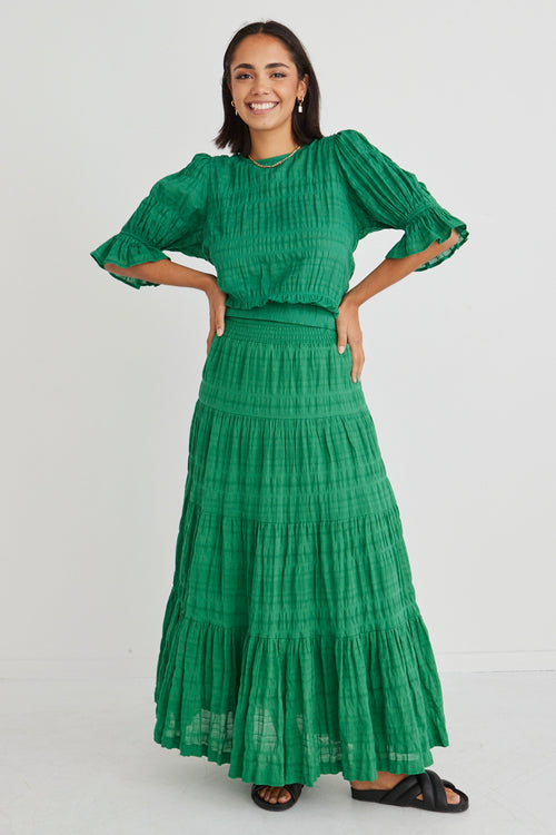 Charming Palm Green Shirred Cotton Tiered Maxi Skirt WW Skirt Ivy + Jack   
