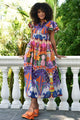 Flute Through Bright Multi Pattern Frill SS Midi Dress