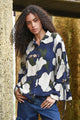Sleeve It To Me Navy Print Tie Detail LS Top