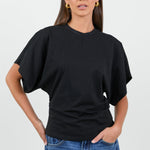 Cadence Black Cotton Gathered Waist Detail Short Sleeve Tee