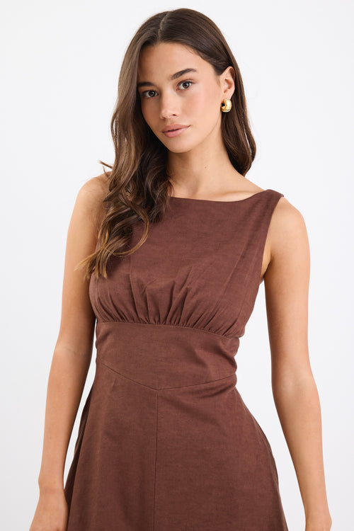 Shop Cairo Chocolate Cotton Linen Sleeveless Midi Dress | Flo & Franki Shop Cairo Chocolate Cotton Linen Sleeveless Midi Dress | Flo & Franki