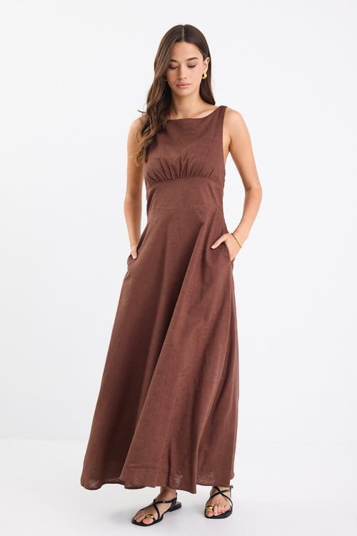 Shop Cairo Chocolate Cotton Linen Sleeveless Midi Dress | Flo & Franki Shop Cairo Chocolate Cotton Linen Sleeveless Midi Dress | Flo & Franki