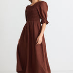 Canary Chocolate Linen Puff Sleeve Shirred Bodice Midi Dress