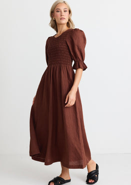 Canary Chocolate Linen Puff Sleeve Shirred Bodice Midi Dress