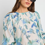 Candid Blue Cream Floral Frill Sleeve Crew Neck SS Top