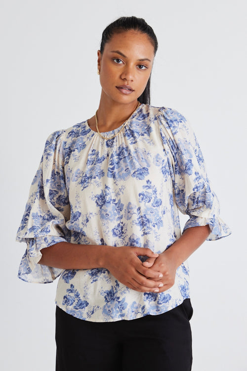 model wears blue floral top