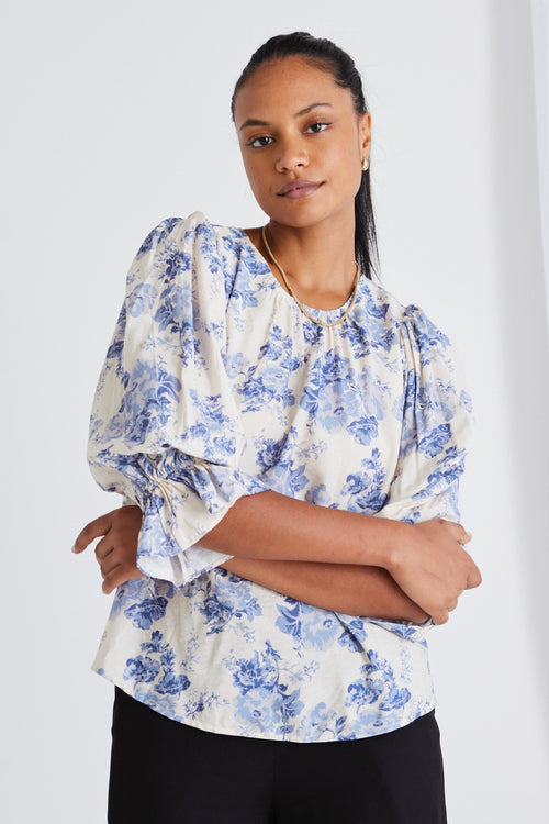 model wears blue floral top