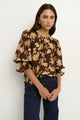 Candid Chocolate Khaki Floral Frill Sleeve Crew Neck SS Top