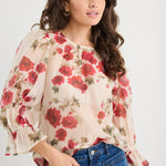 Candid Cream Red Rose Crew Neck Mid Sleeve Top
