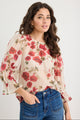 Candid Cream Red Rose Crew Neck Mid Sleeve Top