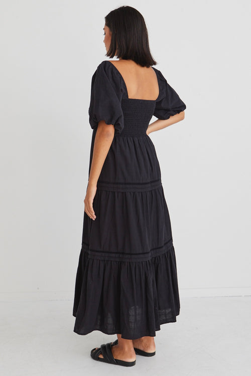 Captivate Black Cotton Puff Sleeve Tiered Midi Dress WW Dress Ivy + Jack   