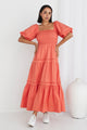 Captivate Watermelon Puff Sleeve Tiered Midi Dress