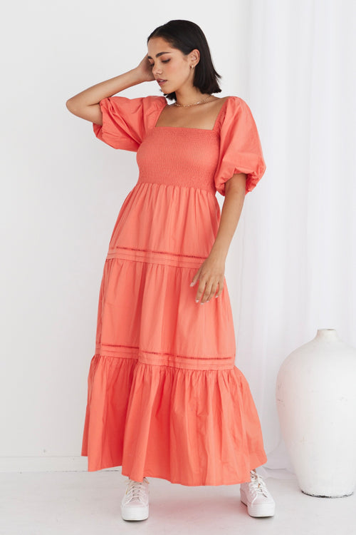 Captivate Watermelon Puff Sleeve Tiered Midi Dress WW Dress Ivy + Jack   