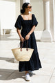 Captivate Black Cotton Puff Sleeve Tiered Midi Dress