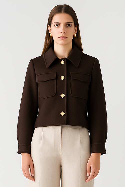 Woman wearing a brown jacket with gold buttons and beige pants on a white background