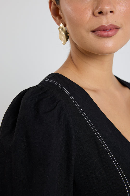 Woman wearing a black maxi dress with balloon sleeves and contrast stitching, styled with black flats and sunglasses