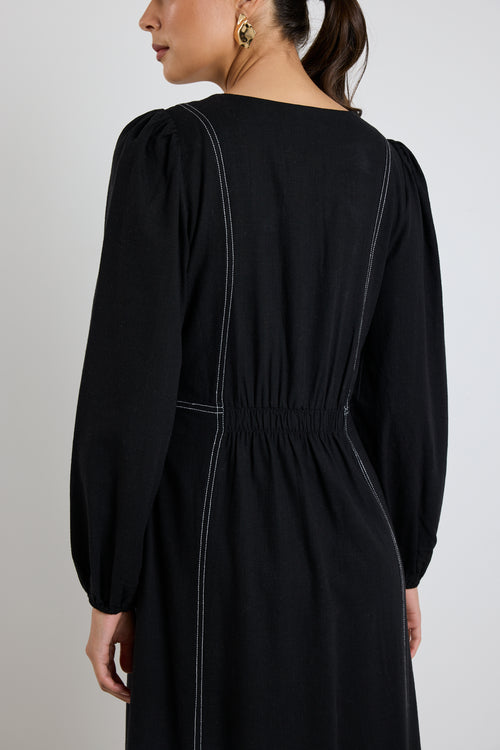 Woman wearing a black maxi dress with balloon sleeves and contrast stitching, styled with black flats and sunglasses