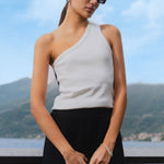 model wears one shoulder white tank top