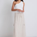 Invincible Natural Linen Elastic Waist Pocket Maxi Skirt