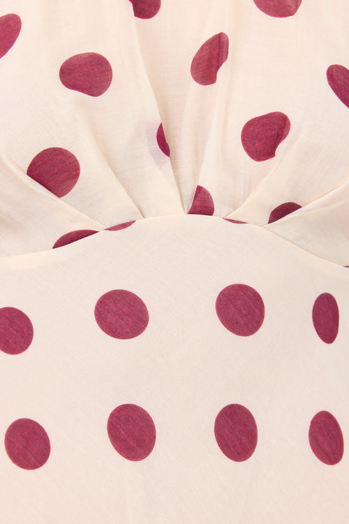 A close-up of a cream-colored fabric with a pattern of dark magenta polka dots, gathered at the top center.