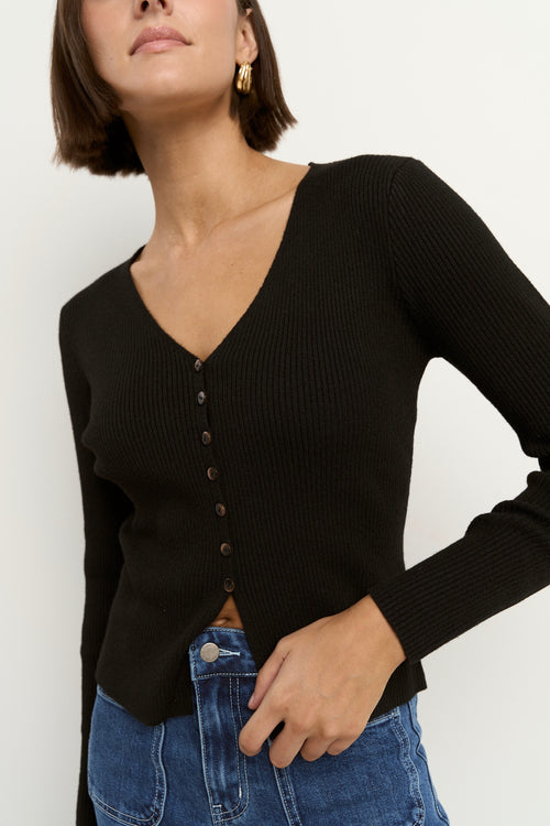 Woman wearing a fitted black ribbed button-down cardigan with a deep V neckline and blue jeans.