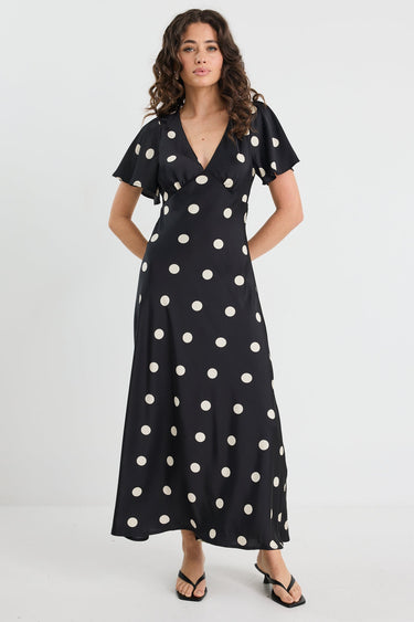 Chariot Black Polka Dot Bias Flutter Sleeve Maxi Dress
