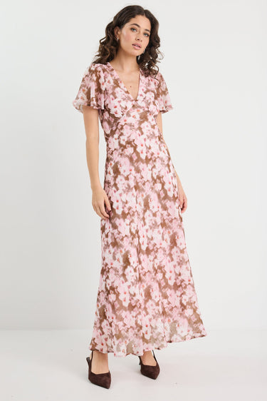 Chariot Blush Chocolate Floral Bias Flared Maxi Dress