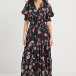 Woman wearing a floral dress on a white background