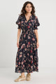 Charmant Black Wildflowers SS V Neck Tiered Midi Dress