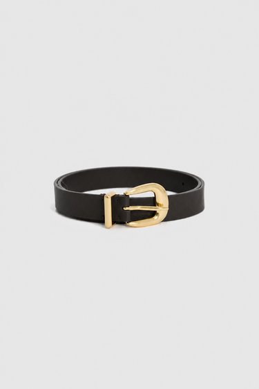A black leather belt with a polished gold-tone metal buckle, presented on a light gray background.