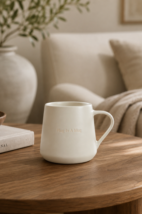 A matte off-white ceramic mug with embossed text reading 'Hug by A Man' sits on a round wooden table in a cozy living room setting.