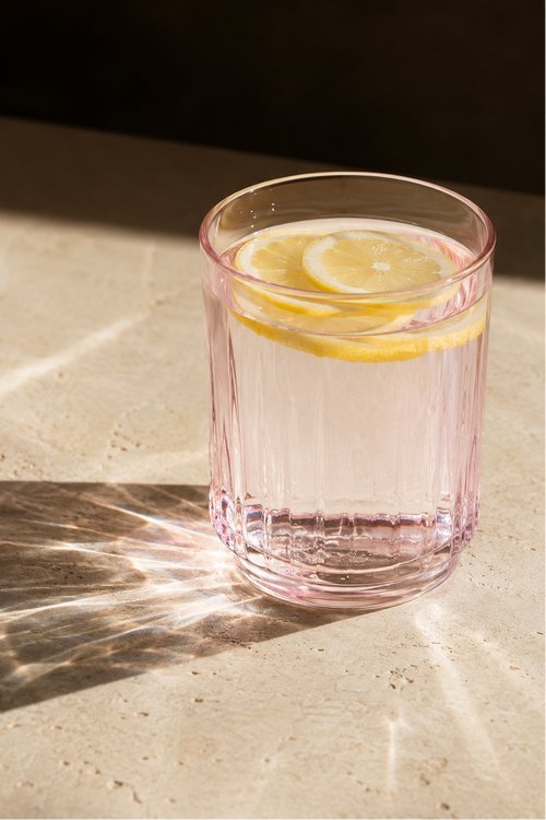 A pink-tinted glass tumbler filled with clear water and topped with lemon slices, placed on a sunlit stone surface with strong shadows.
