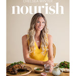 Book cover of 'Nourish' by Chelsea Winter featuring a woman at a dining table with food.