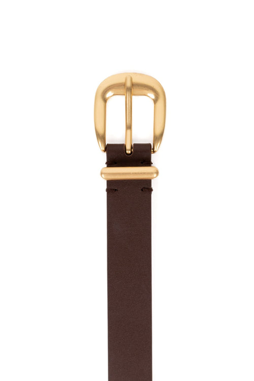 A dark brown leather belt with a polished gold-tone metal buckle, shown vertically against a solid white background.