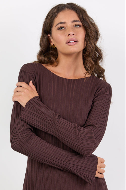 Shop Cinder Chocolate Boat Neck Rib Knit Long Sleeve Knit Maxi Dress |
