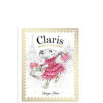 Book cover of 'Claris' with a stylized illustration of a dog in a dress holding flowers and a handbag.