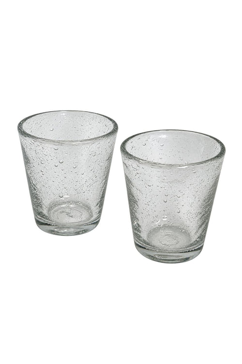 Clear handmade bubble glass tumbler with textured air bubble finish on a white background.