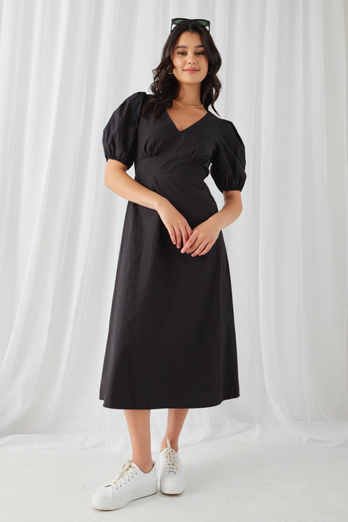 Clementine Black Cut Out Back SS Midi Dress WW Dress Stories be Told   