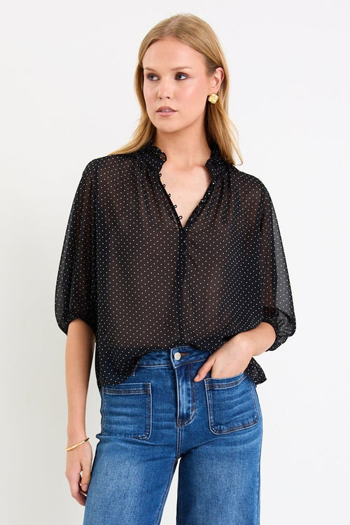 Woman wearing a black white polka dot top
col_pattern