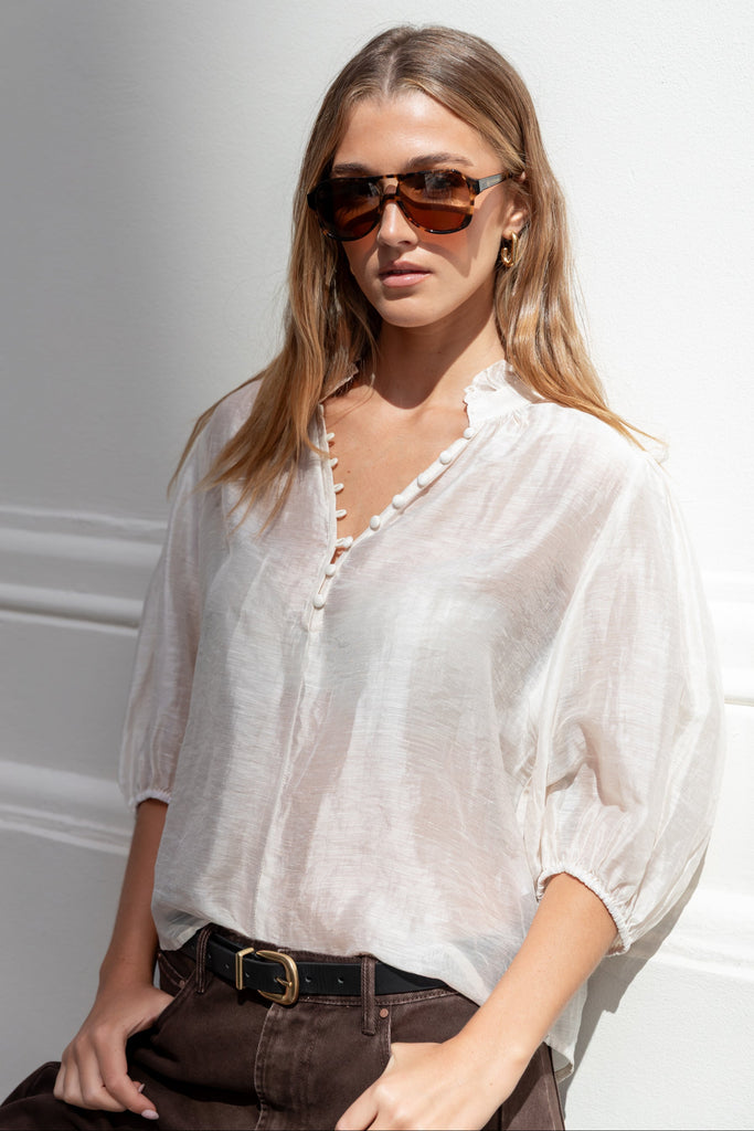 Closure Ivory Sheer High Neck Buttoned S | Flo & Frankie
