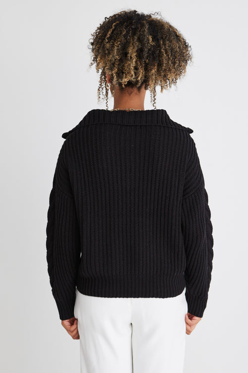 Clover Black Zip Front Cable Knit Jumper WW Knitwear Ivy + Jack   